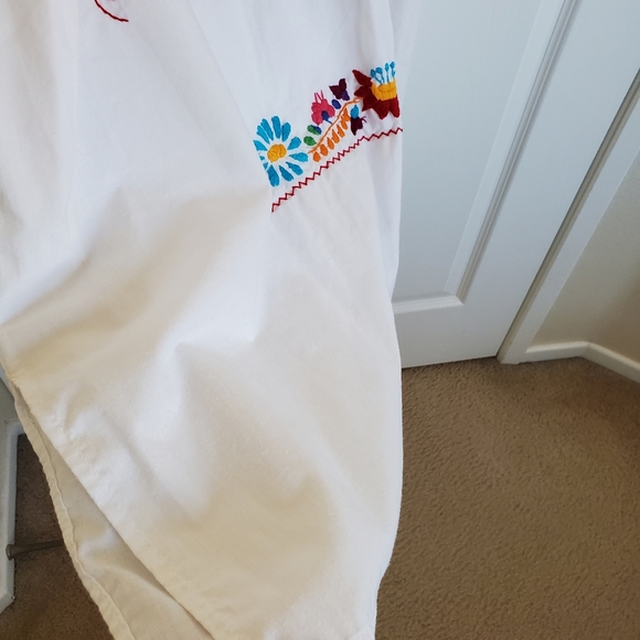 Vintage Mexican Colorful Rainbow Flower Embroider White Cotton Maxi House Dress - Picture 12 of 16